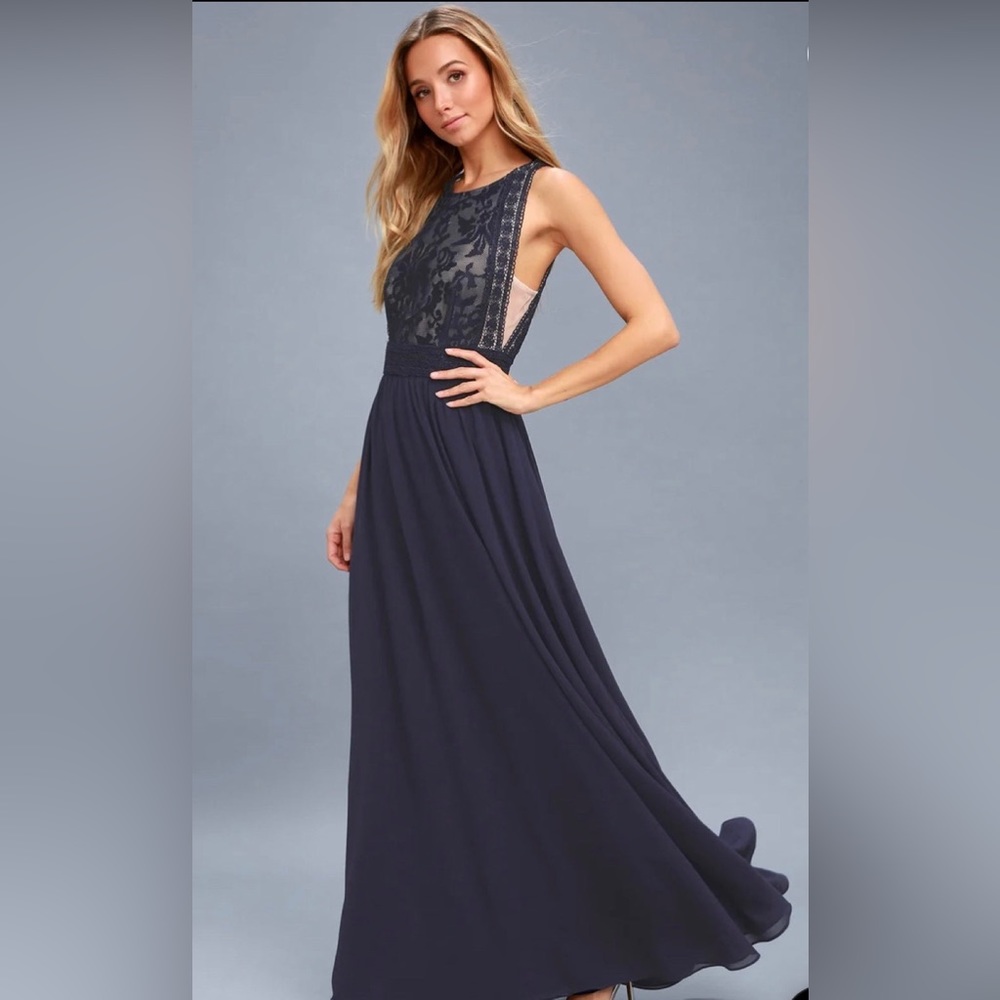 Forever and Always Navy Blue Lace Maxi Dress